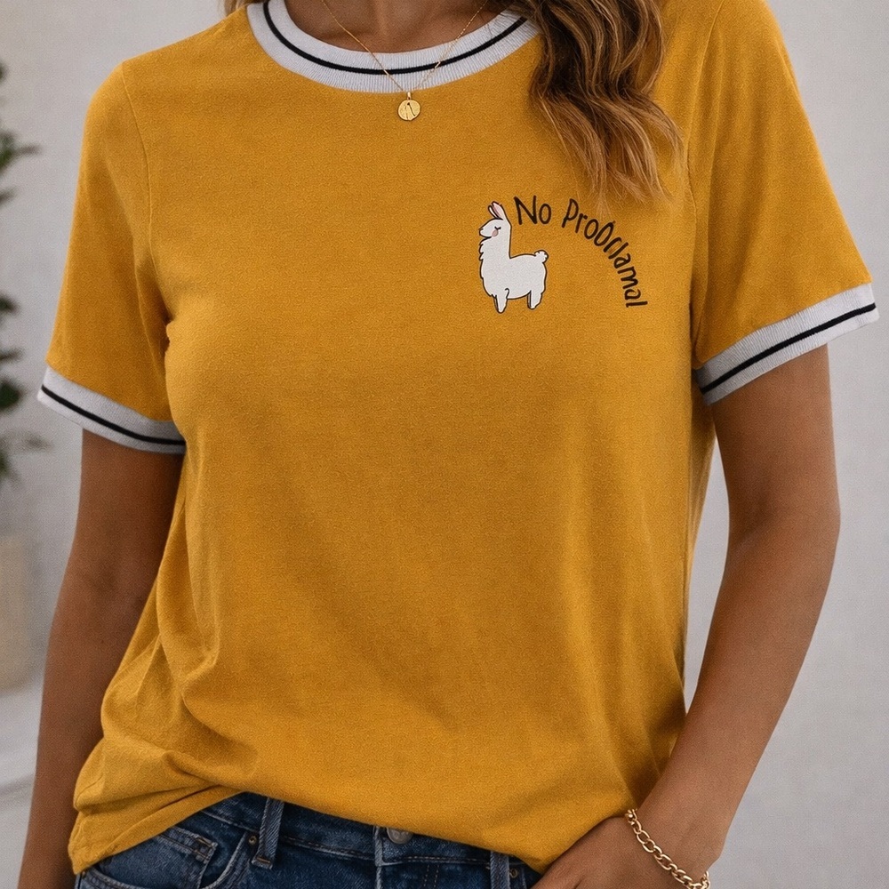 Gaze Mustard Ringer Tee No Probllama Llama Graphic Medium